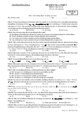 Giáo án Đề 1 kiểm tra 15 phút môn Vật lý 12 (20 câu trắc nghiệm)
